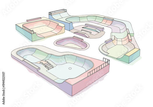 Colorful illustration of a skatepark with various ramps, bowls, and obstacles on a white background