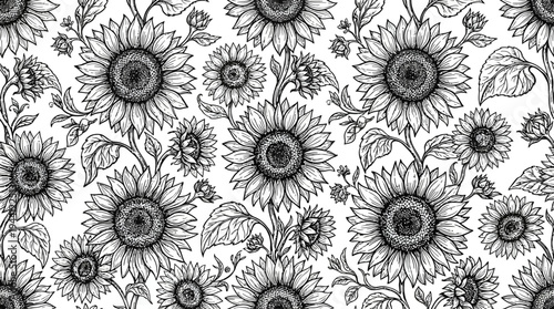 Intricate black and white floral pattern featuring sunflowers with detailed leaves and stems