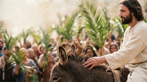 Jesus Christs Triumphal Entry into Jerusalem on Palm Sunday, Riding a Donkey Amidst Cheering Crowds Waving Palm Branches.