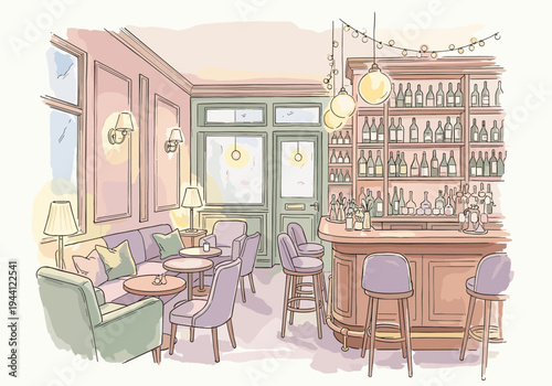 Cozy bar interior with plush seating, a well-stocked bar, and ambient lighting creating a welcoming atmosphere