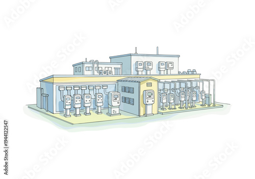 Illustration of a modern utility substation with multiple electrical meters and distribution equipment