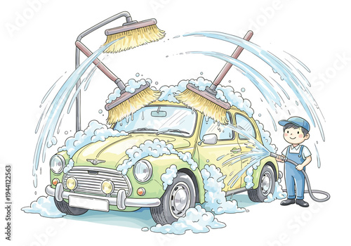 Cartoon car wash with automated brushes and a smiling attendant spraying water
