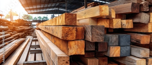 Wooden beams and planks on table in factory warehouse showcasing wood industry in action during daytime