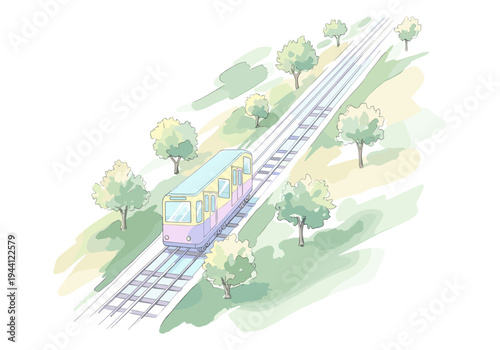 A colorful cartoon train ascends a steep track surrounded by green trees and rolling hills