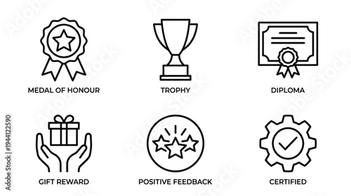 A set of six black line icons illustrating achievement and recognition concepts including medal trophy diploma gift reward positive feedback and certified symbols on a white