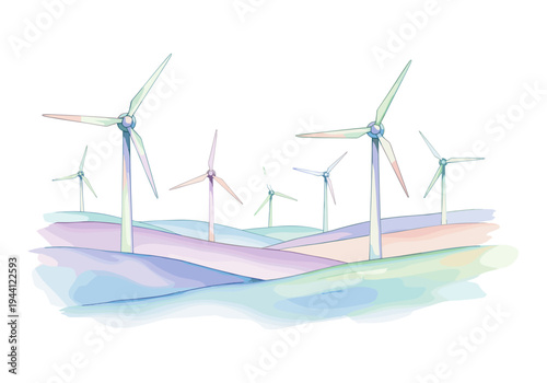 Gentle watercolor illustration of wind turbines on rolling hills, symbolizing clean energy generation