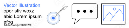 Business strategy, communication, visual content creation, teamwork, goals, messaging. Target with an arrow, chat bubble and framed image icon. Business strategy and communication concept