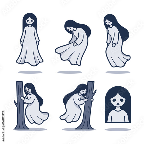 Set of Kuntilanak, a terrifying Indonesian female ghost in a long white dress, standing and floating poses collection.