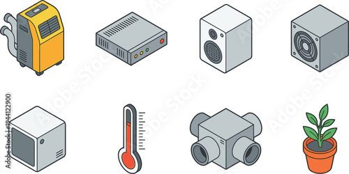 home ventilation and air conditioning equipment icons set, hvac devices purifier fan duct thermometer technology collection, flat vector illustration