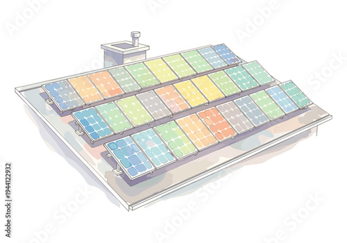 Colorful solar panels arranged on a rooftop with a chimney, illustrating renewable energy diversity