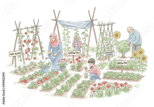 Diverse group of people tending to a vibrant community garden with various vegetables and flowers
