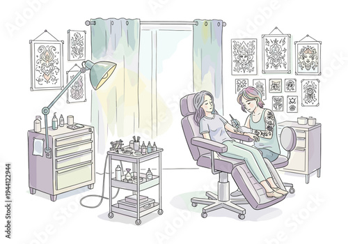 Artist meticulously applies a new tattoo design to a client's arm in a bright studio