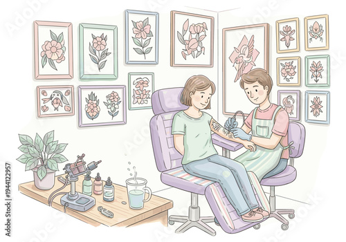 Artist tattooing a floral design on a client's arm in a bright, art-filled studio