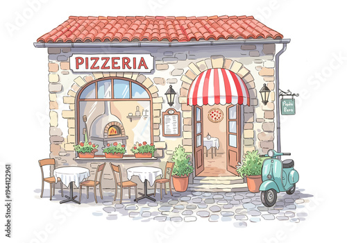 Charming Italian Pizzeria with Outdoor Seating and Scooter Illustration