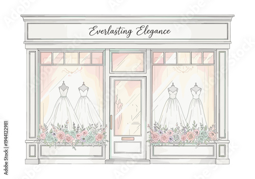 Charming bridal boutique storefront with elegant wedding dresses displayed in the window