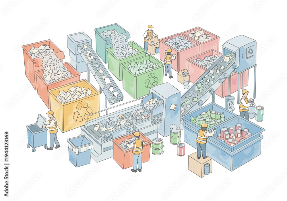 Obraz premium Workers sort and process recyclable materials on conveyor belts at a sorting facility