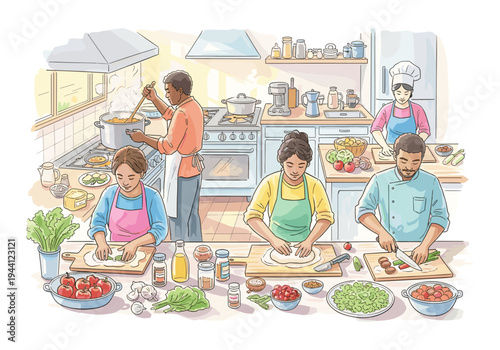 Diverse family enjoying cooking together in a bright, modern kitchen, preparing a healthy meal