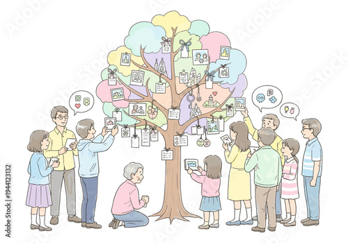 Diverse family members gather around a colorful tree adorned with photos and memories