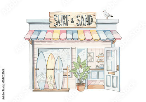 Charming surf shop with surfboards displayed outside and a seagull on the roof