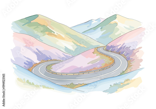 Watercolor illustration of a winding mountain road with pastel-colored hills and sky