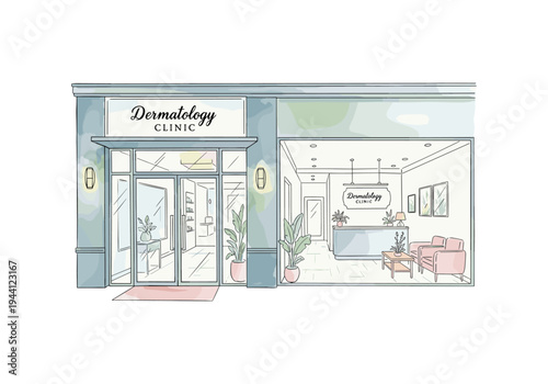 Modern dermatology clinic exterior and interior reception area with plants and seating