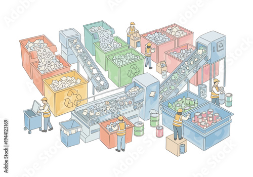 Workers sort and process recyclable materials on conveyor belts at a sorting facility