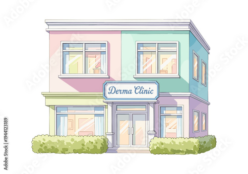 Charming cartoon illustration of a modern Derma Clinic building with pastel colors and manicured bushes