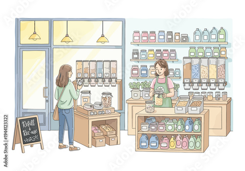 Customer shops at a zero-waste store with bulk dispensers and reusable containers