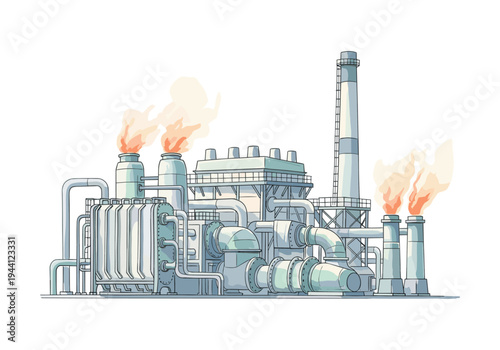 Industrial factory with smoking chimneys and complex pipe system, cartoon style