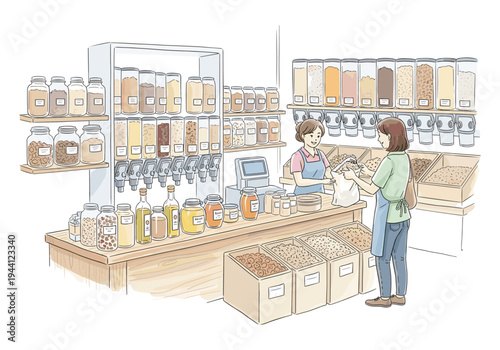 Zero waste store interior with customers buying bulk food items from dispensers
