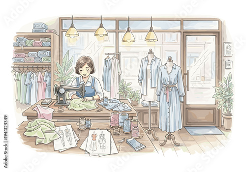 A skilled seamstress diligently works on a sewing machine in her charming atelier