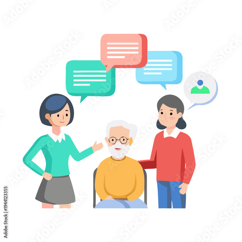 Young woman attentively communicating with an elderly couple, possibly providing care, financial advice, or social support, with chat bubbles.