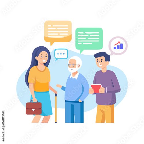 Young woman attentively communicating with an elderly couple, possibly providing care, financial advice, or social support, with chat bubbles.