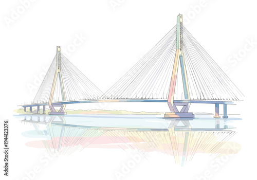 Modern cable-stayed bridge with colorful accents reflected in calm water
