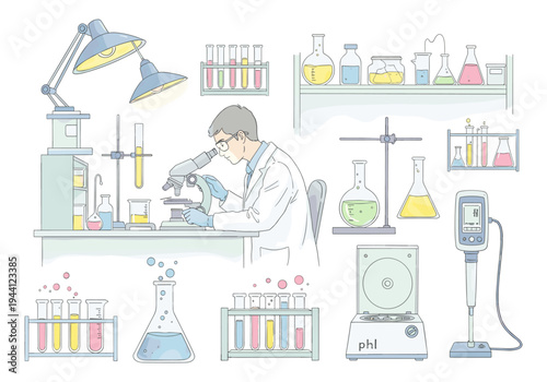 Scientist working with microscope and laboratory equipment in a bright, modern research facility