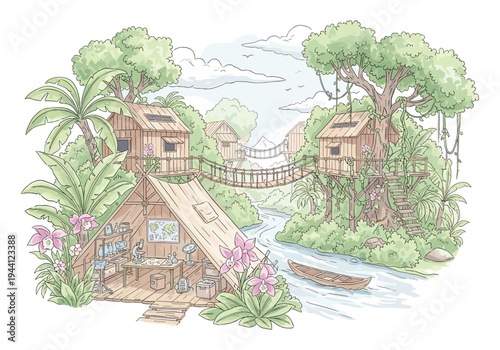 Jungle research station with treehouses connected by rope bridges over a river