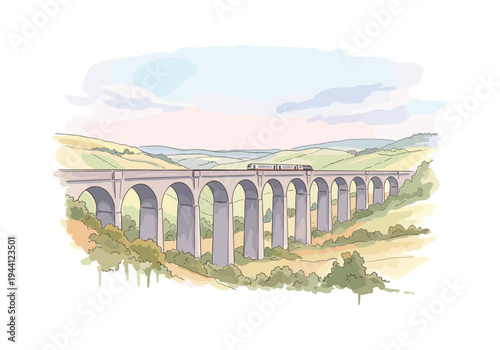 Modern train travels across a long, arched stone viaduct in a scenic, rolling landscape