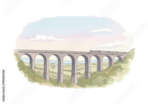 Vintage train crossing a grand stone viaduct over a lush green valley with rolling hills