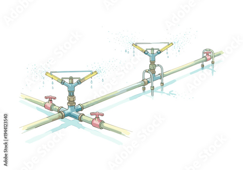 Irrigation system with sprinklers watering crops on a white background