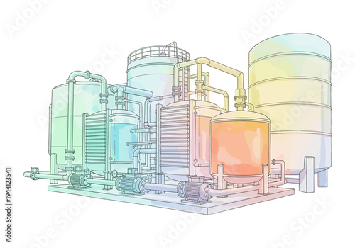 Industrial processing plant with tanks, pipes, and pumps, rendered in a colorful watercolor style