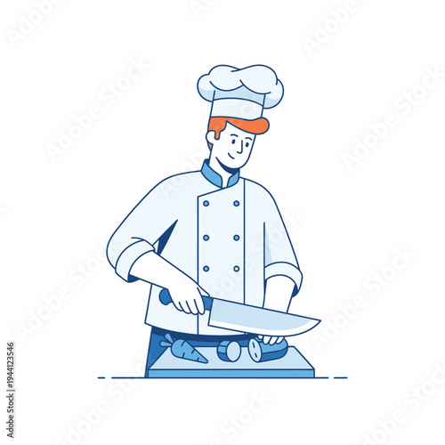 Chef preparing food in a professional kitchen environment.