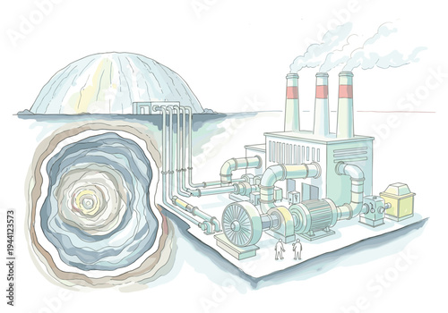 Geothermal power plant extracting heat from underground cavern and steam from chimneys