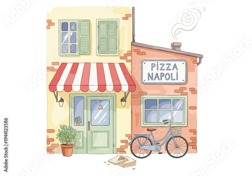 Charming Italian pizzeria facade with a bicycle and pizza boxes outside