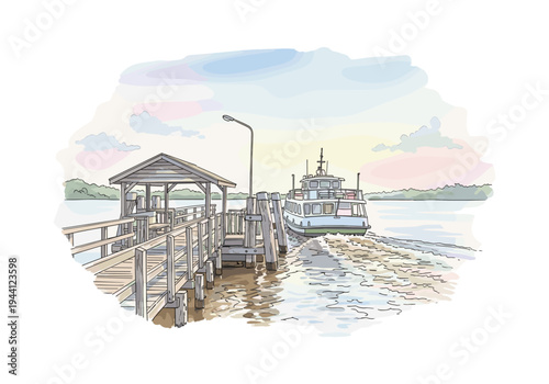 Ferry boat departs from a wooden pier at sunrise with gentle waves and a colorful sky