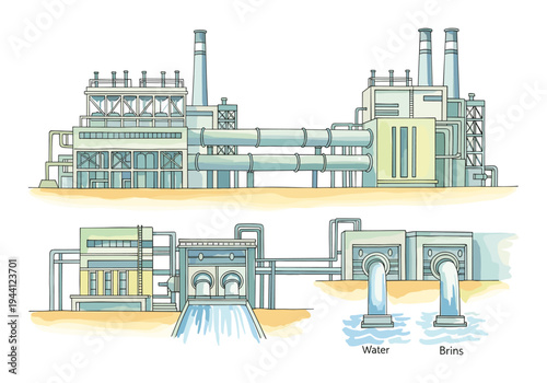 Industrial factory complex with water intake and brine discharge systems illustrated