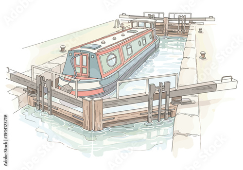 Narrowboat navigating through a canal lock with wooden gates and water level changes