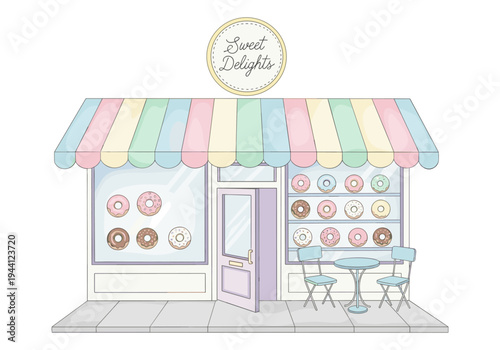 Charming cartoon donut shop with pastel awning and outdoor seating