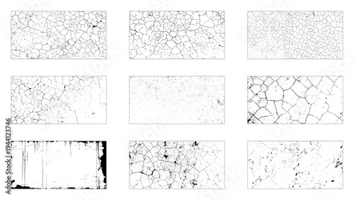Set of cracks overlay textured. Distressed black texture. Dark grainy texture on white background. Grain noise particles. Rusted white effect. Grunge design elements. Vector illustration