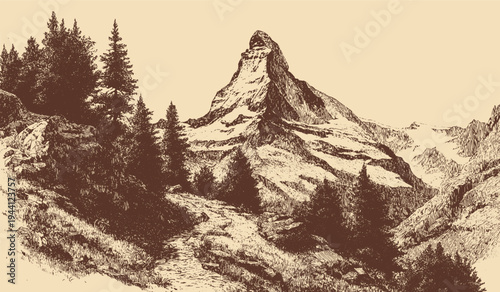 Matterhorn, European Alps illustration in a vintage style. This vector illustration can be used in any size you like for advertising, logos, and other work.