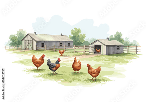 Farm scene with chickens roaming near barns and fences on a sunny day